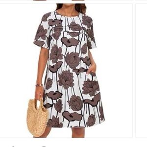 WNERINE Floral Print Women's Mini Dresses 3/4 Sleeve Round Neck Pockets L